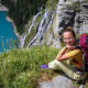 Tourist in the mountains in Switzerland on Lake Oeschinensee