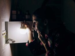 Lights and electricity go out in apartment during blackout. A girl stands near the fuse box and thinks.